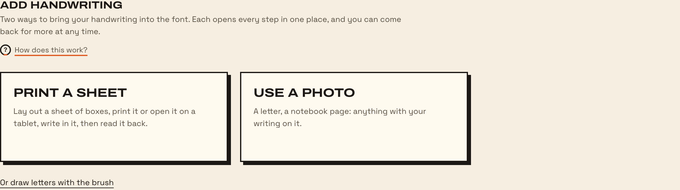 The Add handwriting tab: two large cards, Print a sheet and Use a photo, and a link to draw letters with the brush instead.