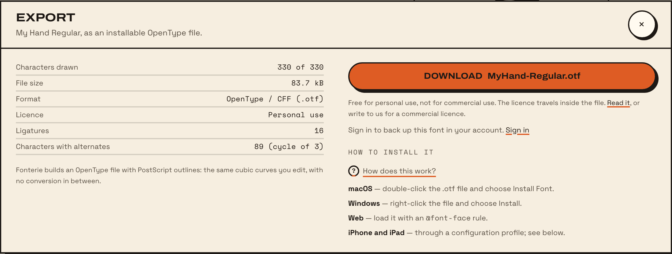 The Export dialog: the font’s details, the download button, and how to install it on each system.
