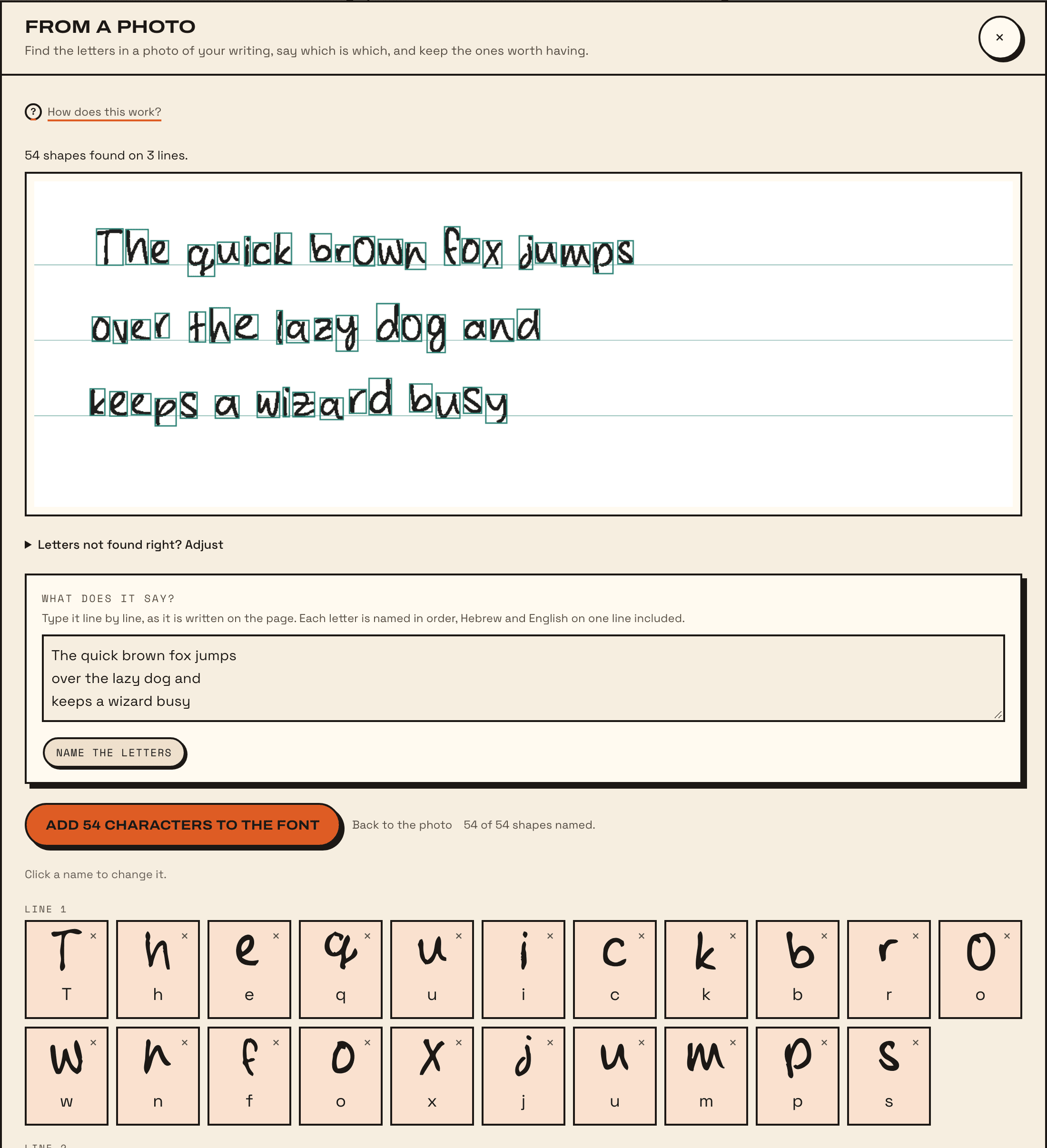 The naming step: the typed text under What does it say?, and the shapes found, each in a card with its name, line by line.