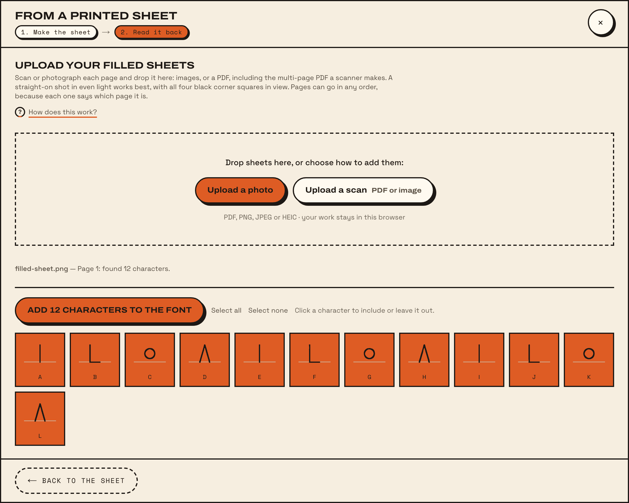Characters found on a sheet, each a traced outline in a box with its name, above the button Add 12 characters to the font.