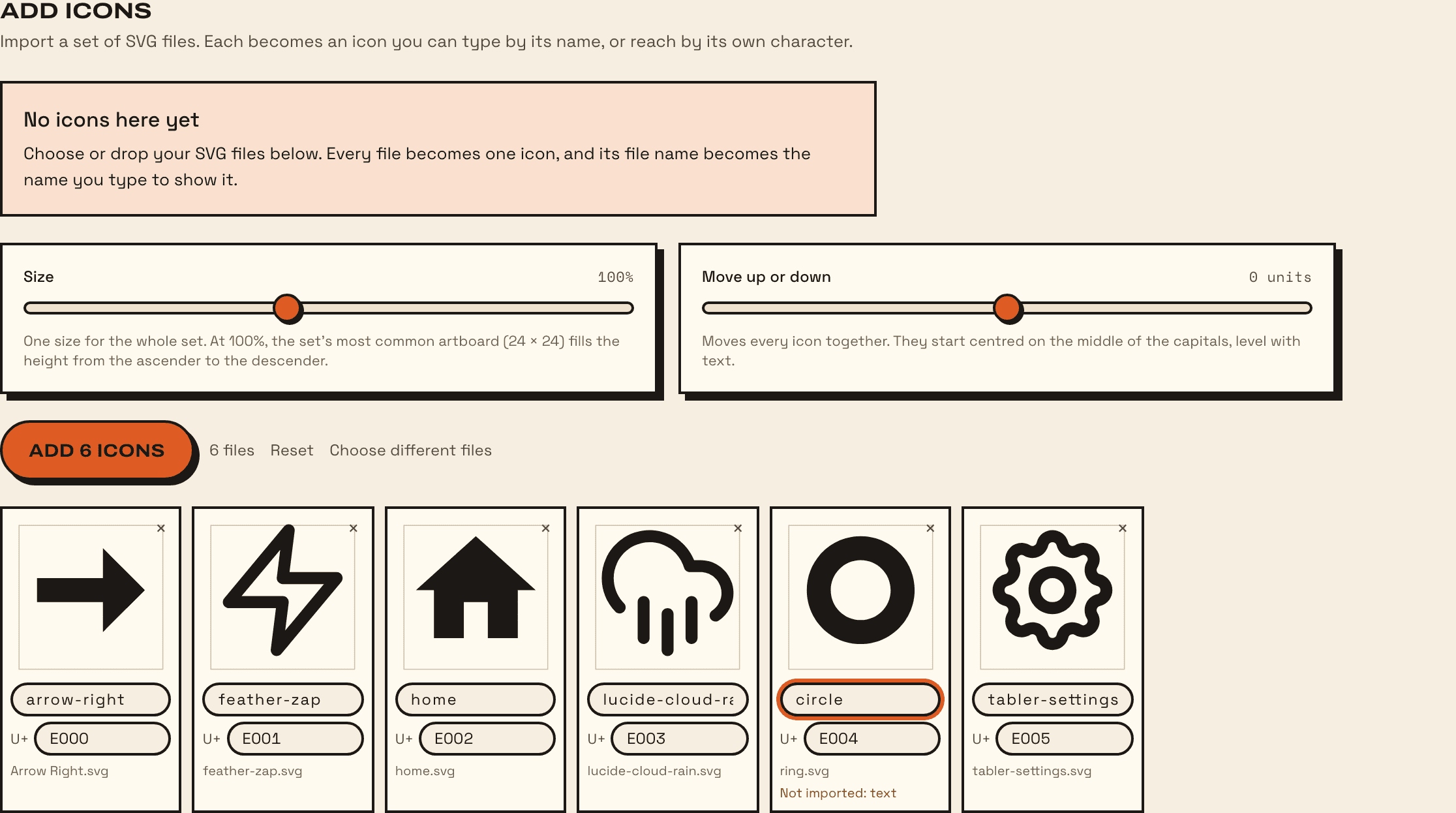 The Add icons tab with five SVG files imported: the size and position controls above a grid of icons, each with its name and character, and one warning about skipped text.